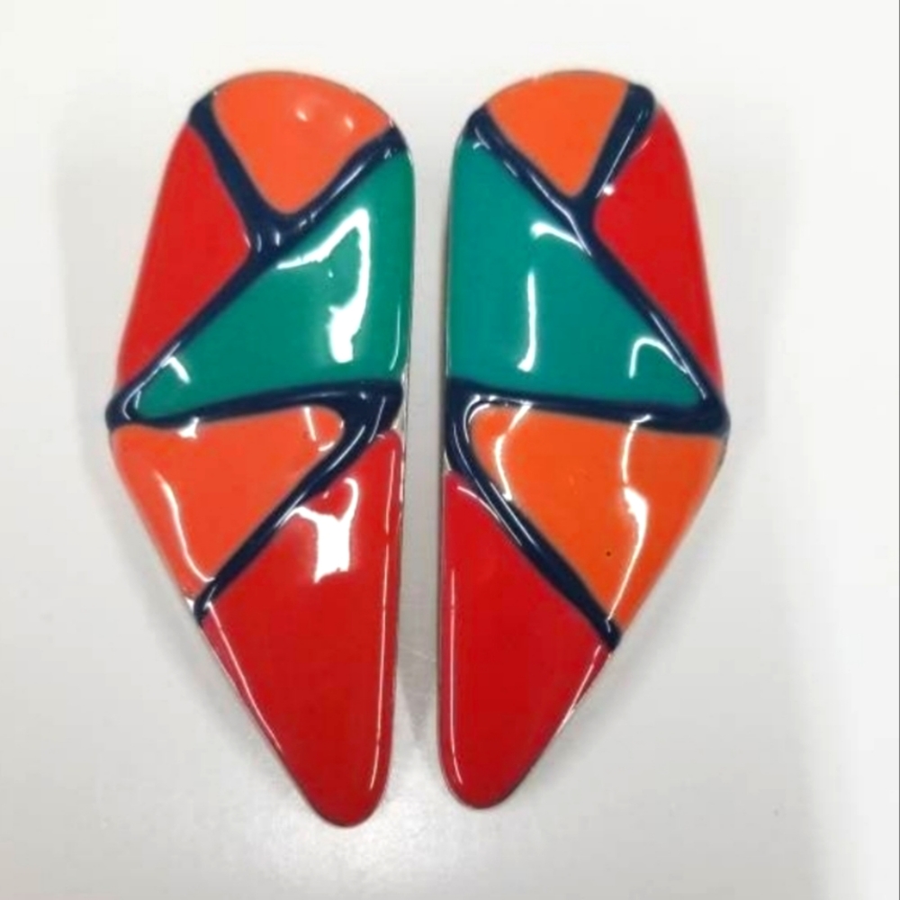VINTAGE GEOMETRIC EARRINGS 90'S GREEN ORANGE PEACH 80'S COSTUME JEWELRY ARTISTIC